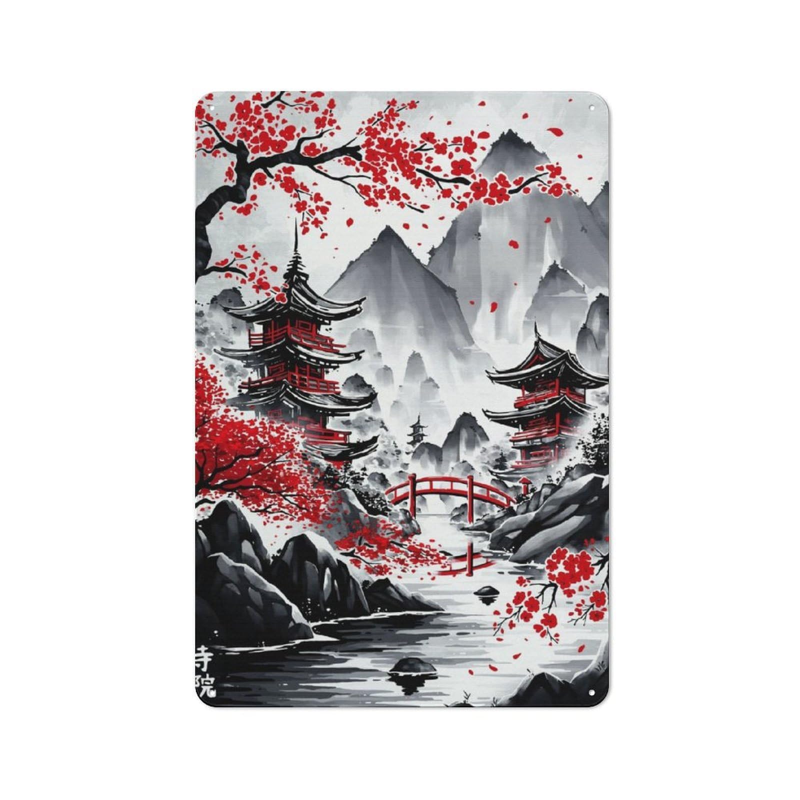 Junmoney Japanese Temples Ink Wash Rustic Metal Sign 30X20cm Featuring For Living Room Wall, For Vintage Wall Decor Fans, For Metal Sign Collectors