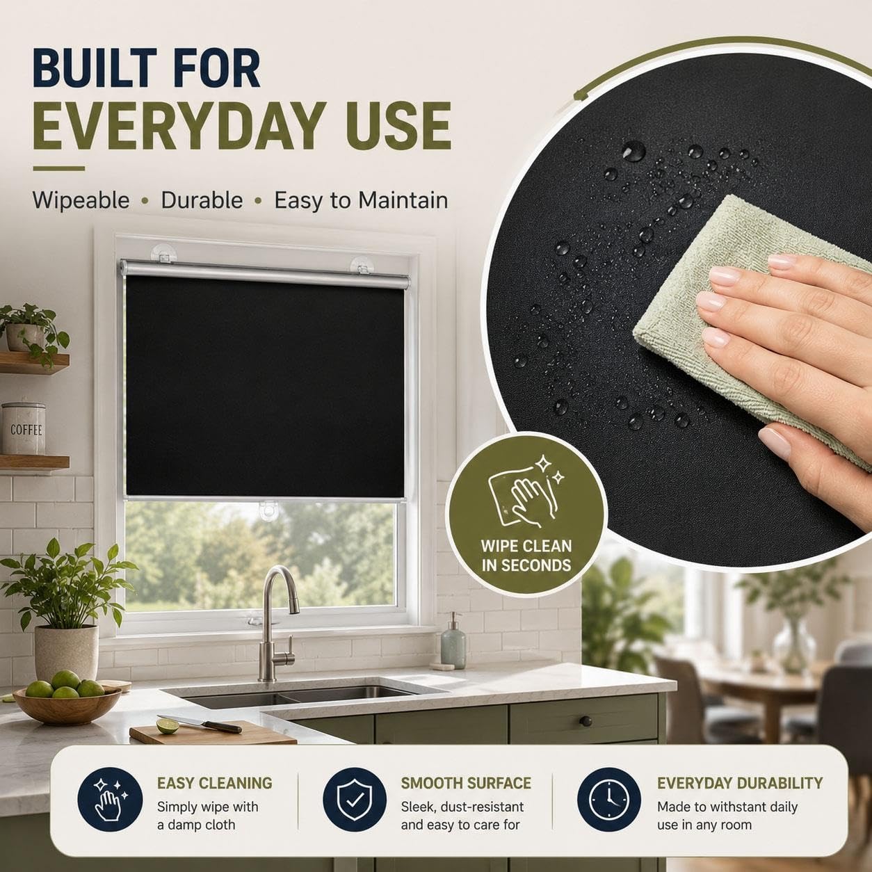 Store Enrouleur Occultant à Ventouses pour Fenêtres, Store Rétractable à Tirer sans Perçage, Protection Solaire et Intimité pour Chambre, Bureau, Cuisine, Camping-Car(W 65 x 160 cm)