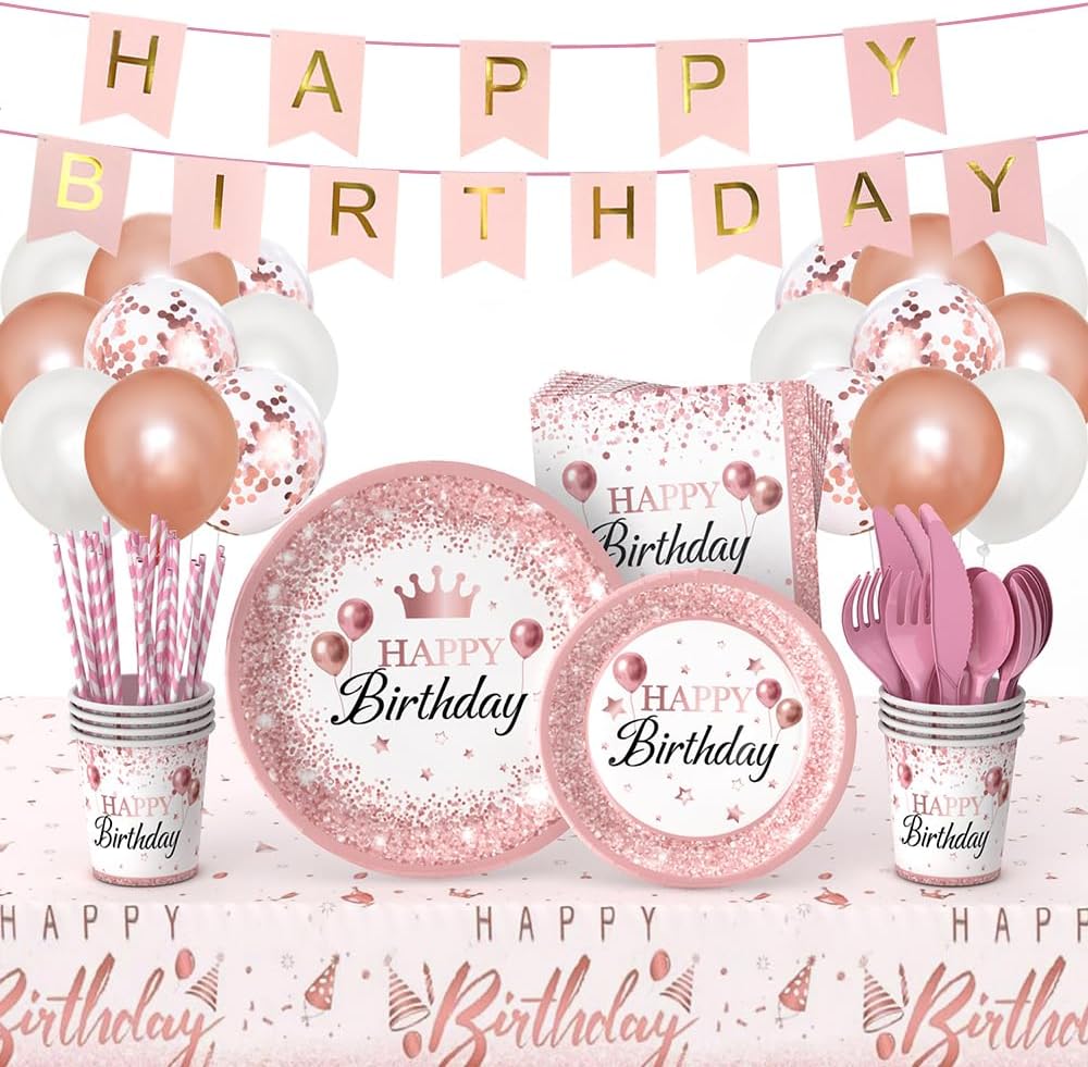 Rose Gold Birthday Party Supplies,212Pcs Disposable Party Decorations Includes Disposable Paper Plates, Napkin, Fork, Knives Spoons Cup, Tablecloth, Banner Balloons Straws for 24 Guests