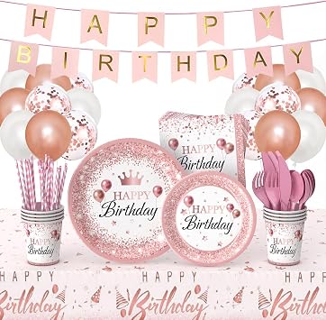Rose Gold Birthday Party Supplies,212Pcs Disposable Party Decorations Includes Disposable Paper Plates, Napkin, Fork, Knives Spoons Cup, Tablecloth, Banner Balloons Straws for 24 Guests