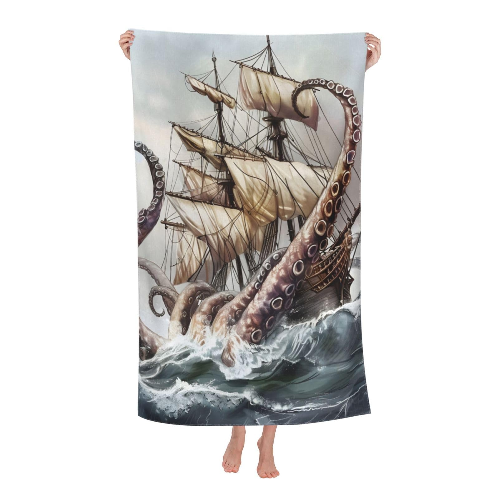 HLBSDM Octopus Encounter Beach Towel Microfiber Quick Dry Oversized Sand Proof Lightweight Bath Pool Nautical Sailboat Towel for Women Men Kids Soft Absorbent Towels for Swimming Travel 32×52 IN