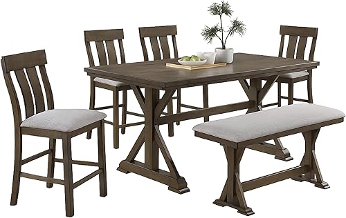 Miniatura 2 de Juego de 2 sillas de comedor de altura de mostrador, asientos de tela con respaldo de listones para juegos de mesa y sillas de cocina, madera