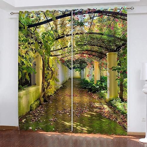 Sxakswol Cortinas opacas 3D para plantas de jardín, cortinas verdes de paisaje para dormitorio, sala de estar, cortinas de ventana con aislamiento