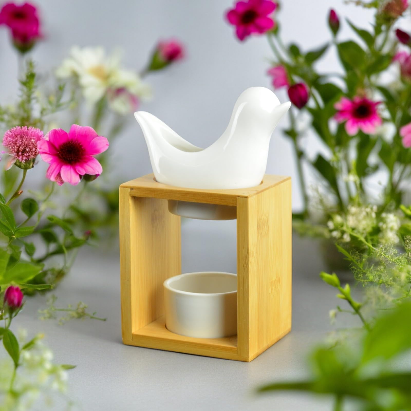 Palenie Birdy White Perfumy - Kromienny palnik woskowy - Dyfuzor olejków eterycznych i zapachów domowych - świecznik aromaterapia Drewniane i ceramiczne uchwyty na świece Wysokość: 13 cm - Zen'Aromat