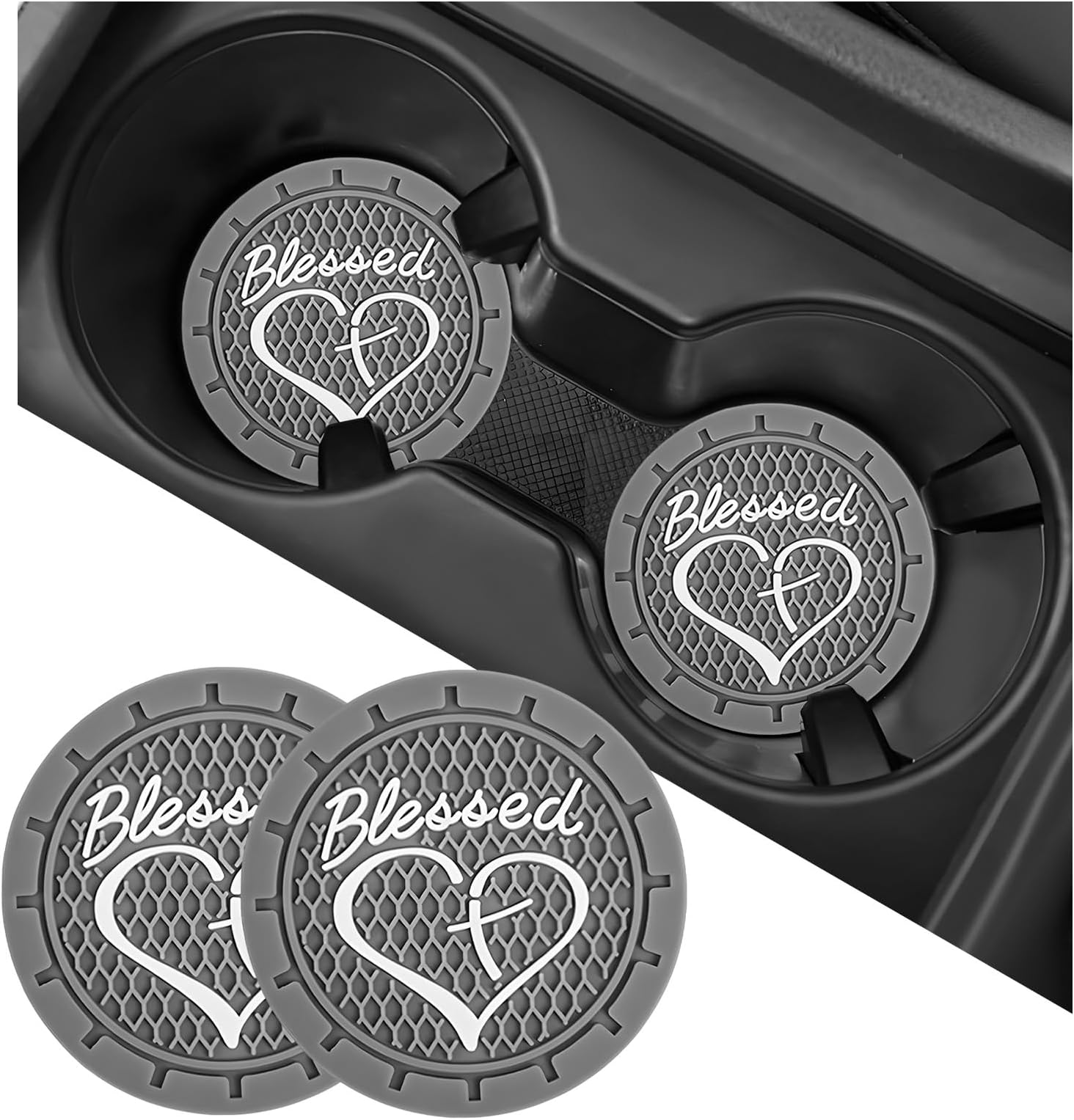 2 PCS Car Cup Holder Coaster, 2.76 Inch Blessed Cross and Heart Vehicle Insert Cup Coasters, Anti-Slip Shockproof PVC Drink Cup Mats for Most Vehicles, Car Accessories (Gray)