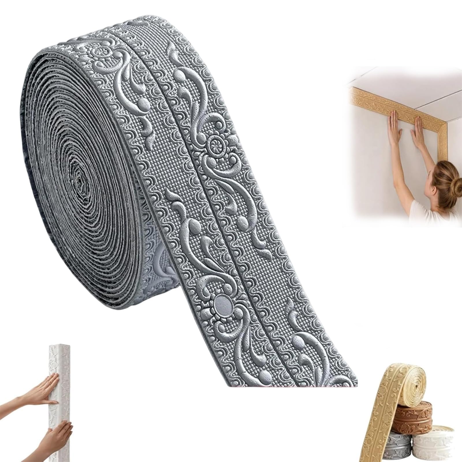 ELMVAR Self-Adhesive Vintage Decor Molding Trim, DIY Decorative Border Tape for Walls & Furniture, Foam Molding Trim Peel and Stick for Home Decor, Baseboards Ceilings (Silver-Grey)