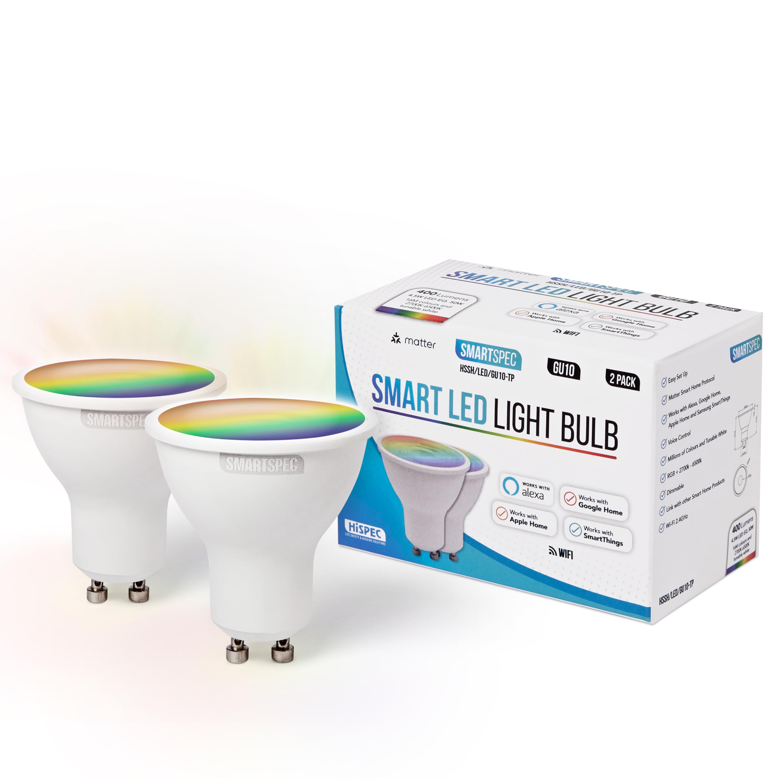 SMARTSPEC SMARTSPEC Smart Bulb 2 Pack, Smart WiFi LED Light. Works with Amazon Alexa, Google Home, Apple Home. Colour Changeable. Multicolour Smart Light Bulb ACK Matter GU10