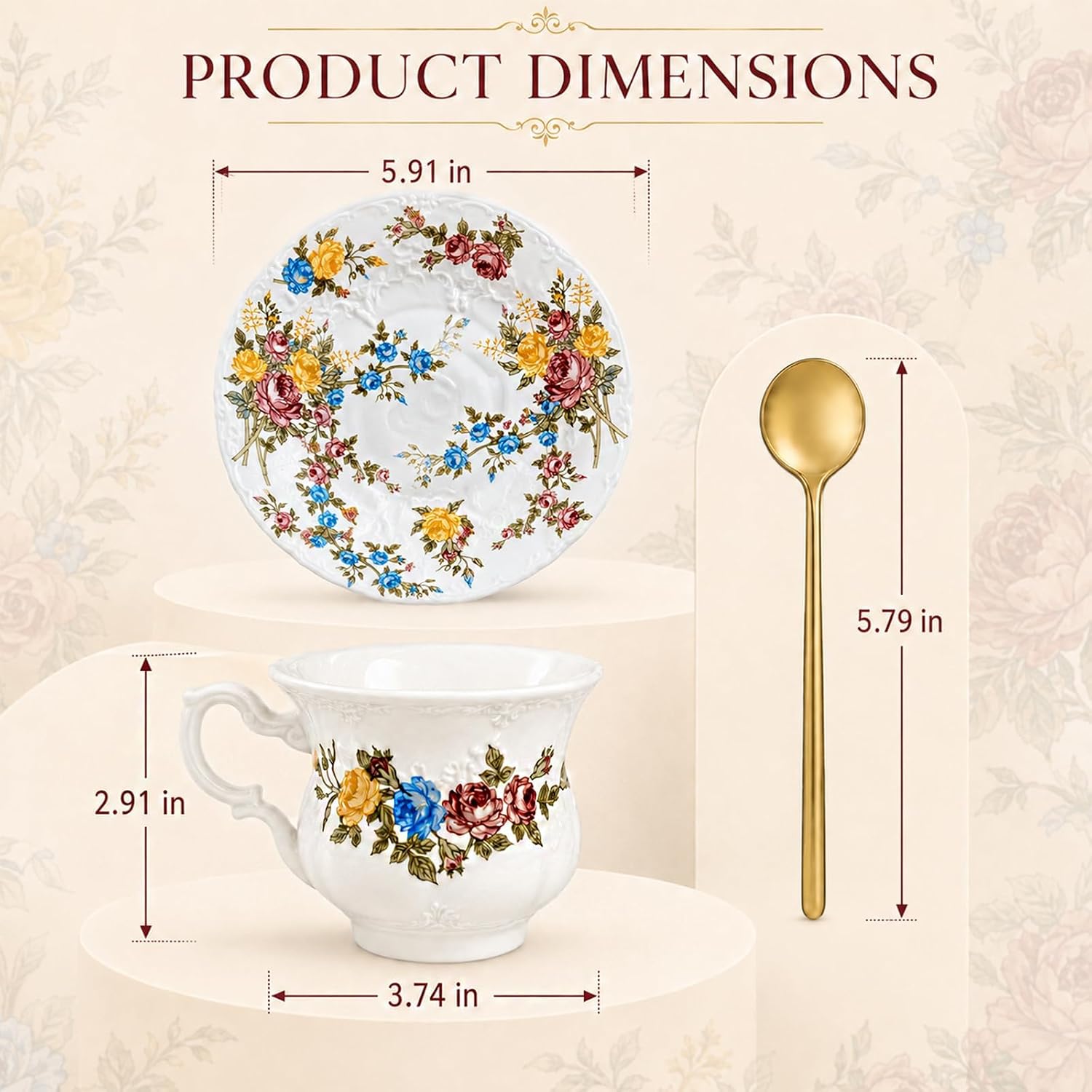 Floral Tea Cup and Saucers, 8 Oz Vintage Ceramic Tea Cup Set