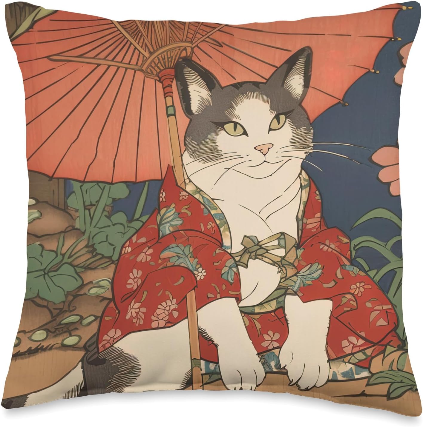 Japanese Retro Geisha Cat Neko Vintage Art Ukiyo-e Throw Pillow