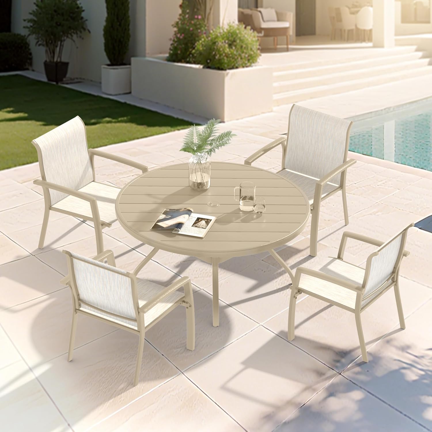 LUMISOL 5-Piece Outdoor Patio Dining Set, Patio Furniture Set with 4 Patio Stackable Dining Chairs and 40.6” Outdoor Metal Round Table, Sandstone