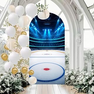 6.6 Ft Wedding Arch Backdrop Cover Ice Hockey Stadium Photography Winter Party Rink Net Sports Blue Double Sided Spandex Fitted Arch Covers Stretchy Backdrop for Birthday Party, Baby Shower