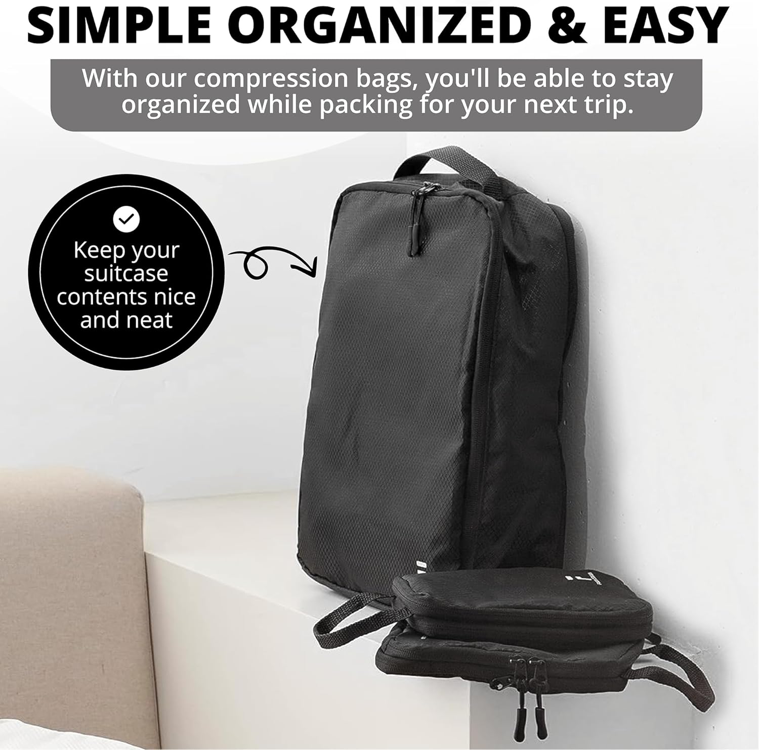 8 Piece Compression Packing Cubes Set - Double Capacity Design for Travel - Small, Medium & Large Sizes - Carry-On Suitcase Organizer Bags (Black) - Image 7