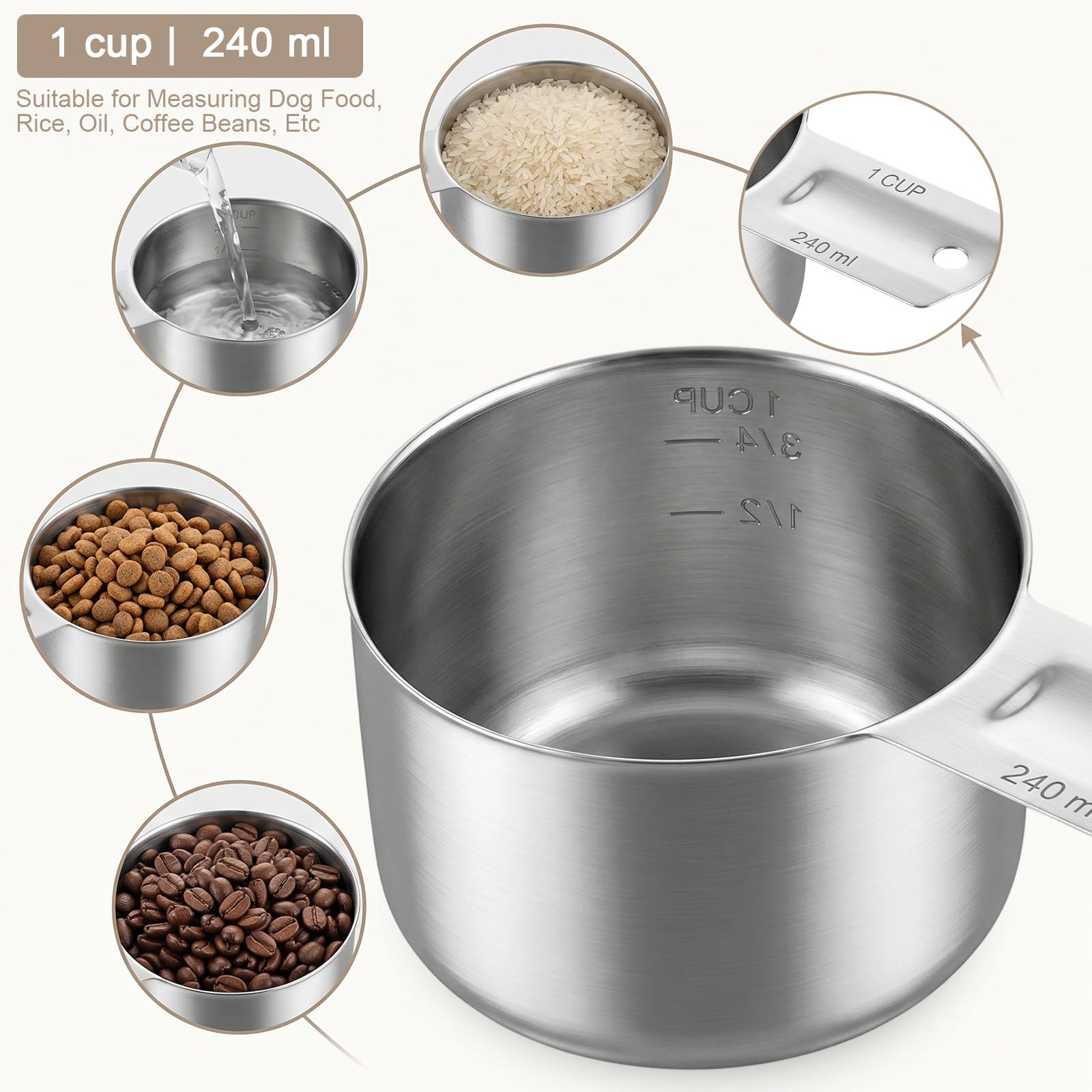 Set di 8 misurini in acciaio inox, 240 ml, utensili da cucina resistenti