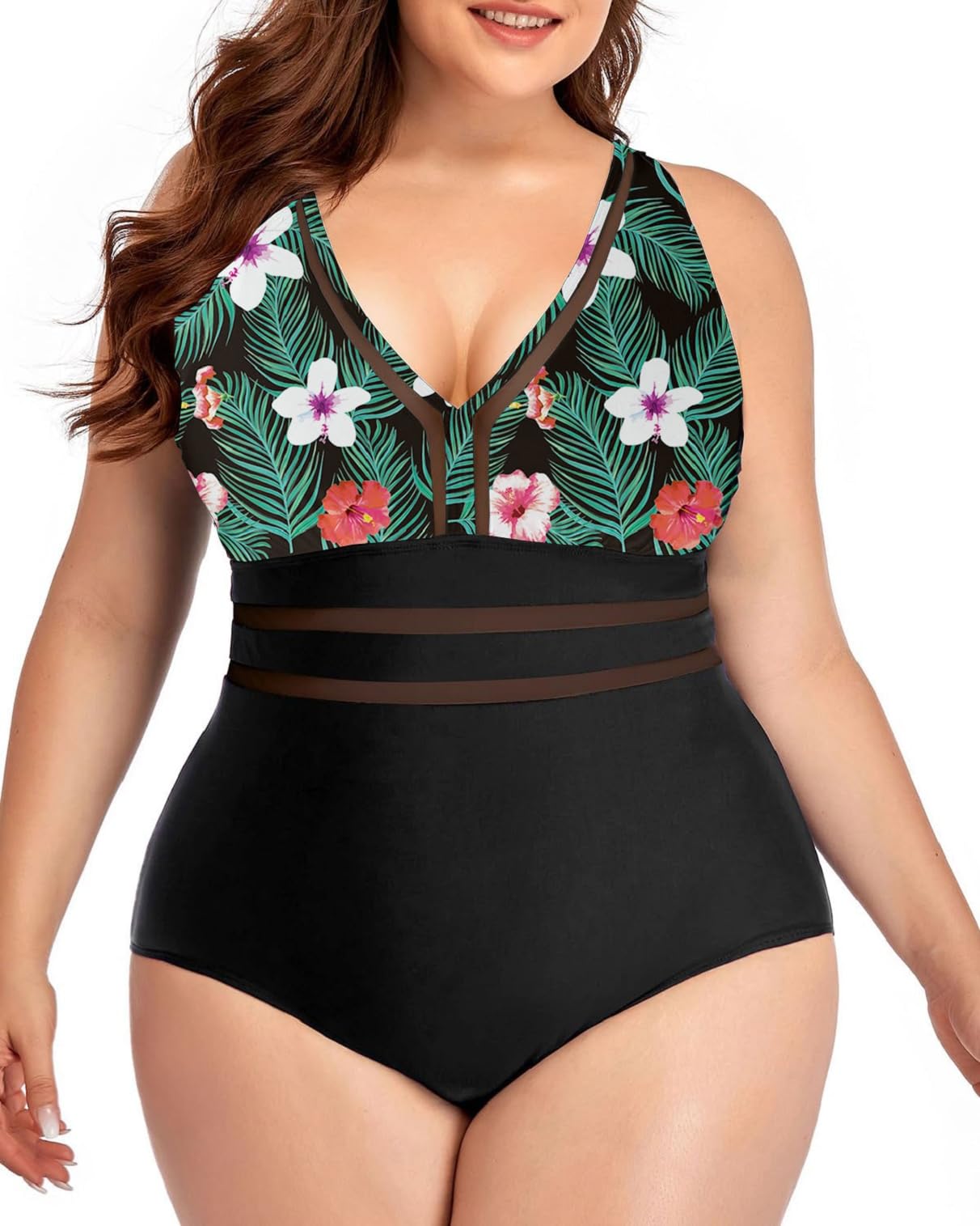 Yutdeng Traje de Baño Bañador Mujer Talla Grande Una Pieza Bañador Push Up con Relleno Malla Cuello V Vientre Plano Bañadores Mujer Reductores Tallas Grandes Reductores Barriga