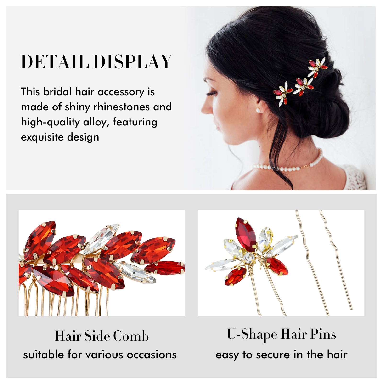 Dizila 7 Pieces Decorative Red Party Prom Wedding Bridal Rhinestone Hair Side Comb+U-shaped Hair Pins Accessories for Women Girls Brides Bridesmaids - Image 3