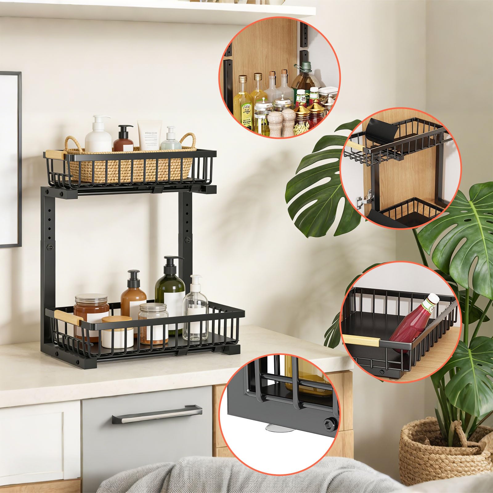 Organiseur sous évier, hauteur réglable, panier de rangement coulissant robuste pour placard extractible, accessoires de salle de bain