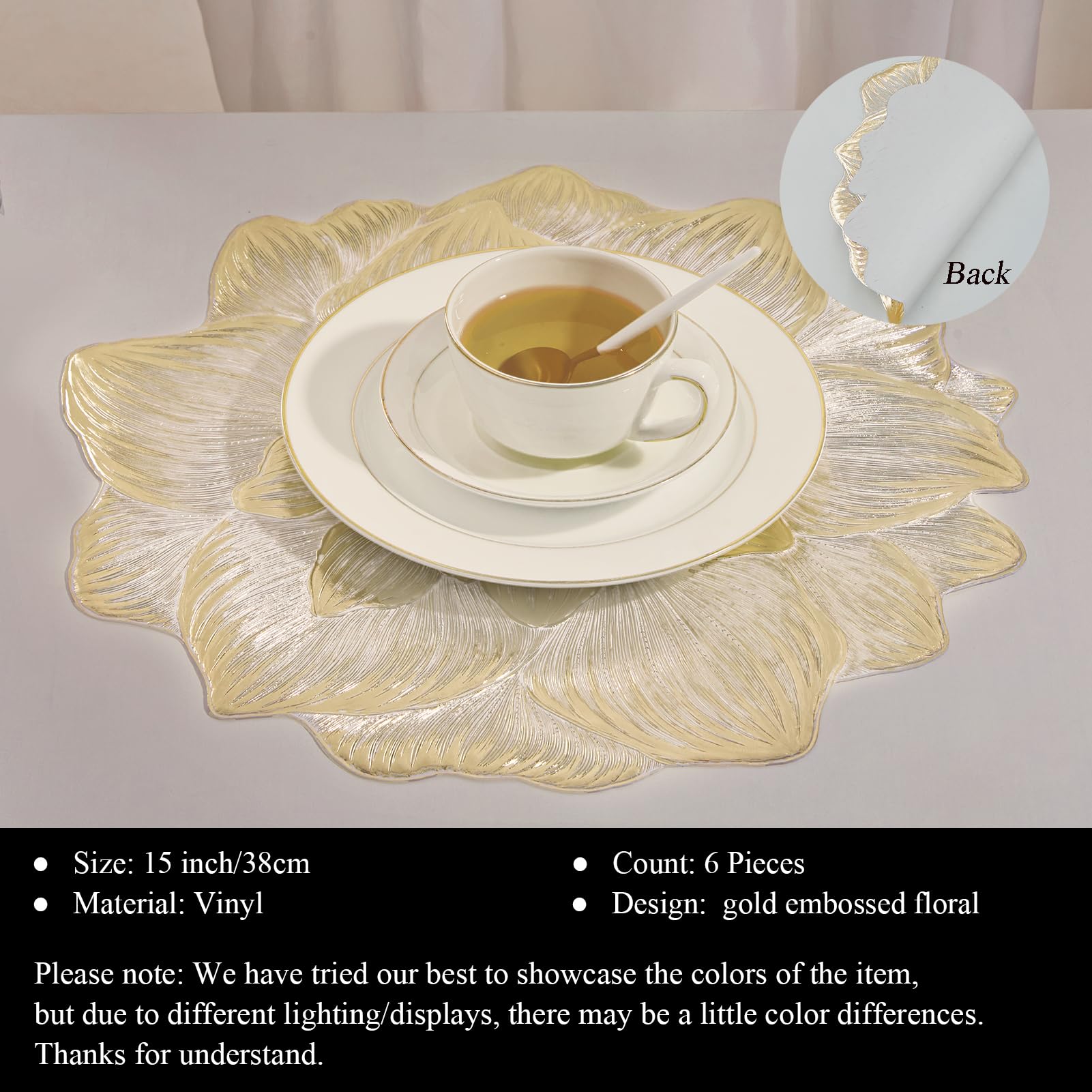 Lot de 6 sets de table ronds en vinyle pressé métallique avec motif floral 3D imperméables et résistants à l'huile pour les vacances, les mariages, les fêtes et l'extérieur Doré