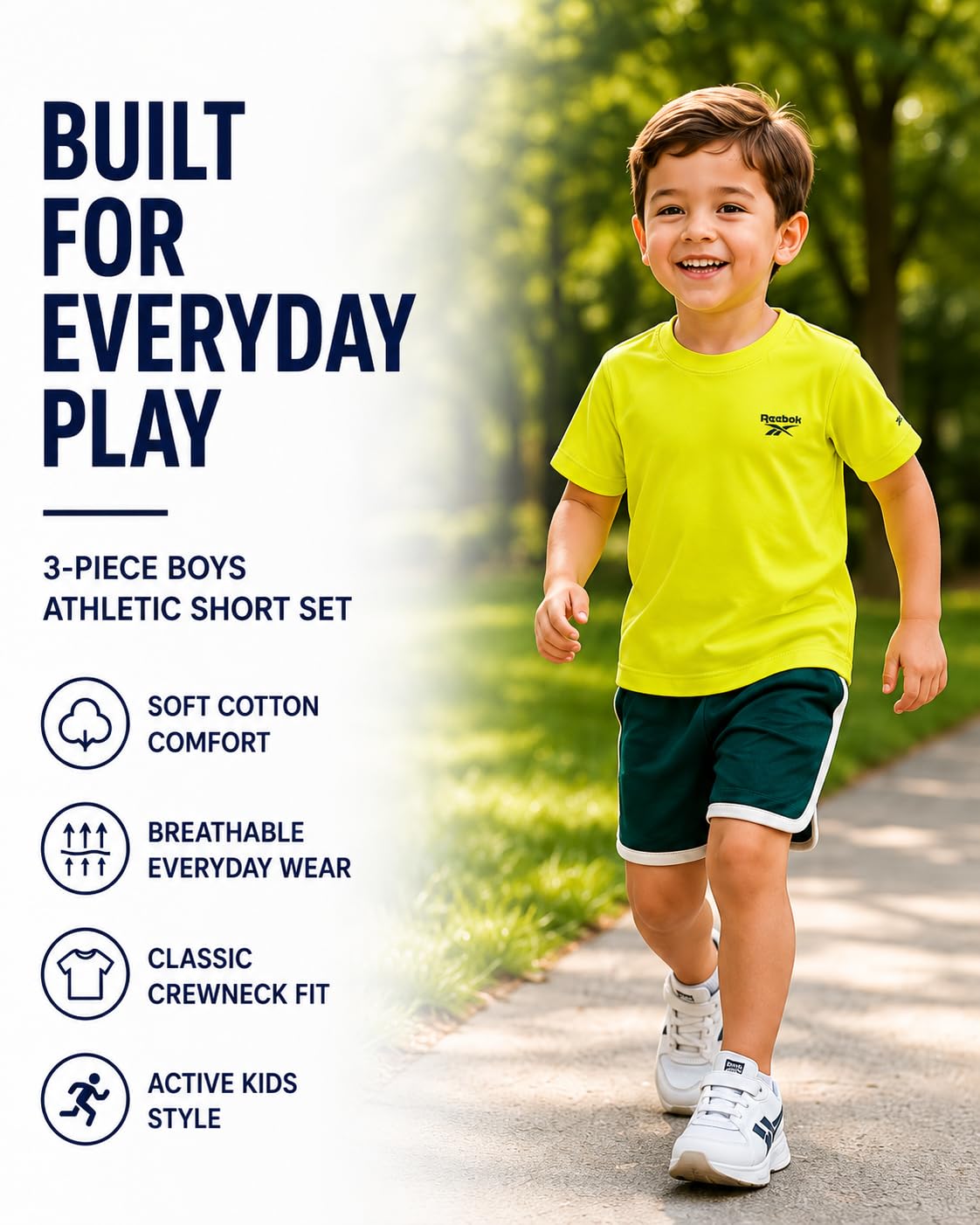 Reebok Set di pantaloncini da bambino, 3 pezzi, vestito estivo con 2 magliette e pantaloncini, abbigliamento sportivo per bambini e bambini piccoli