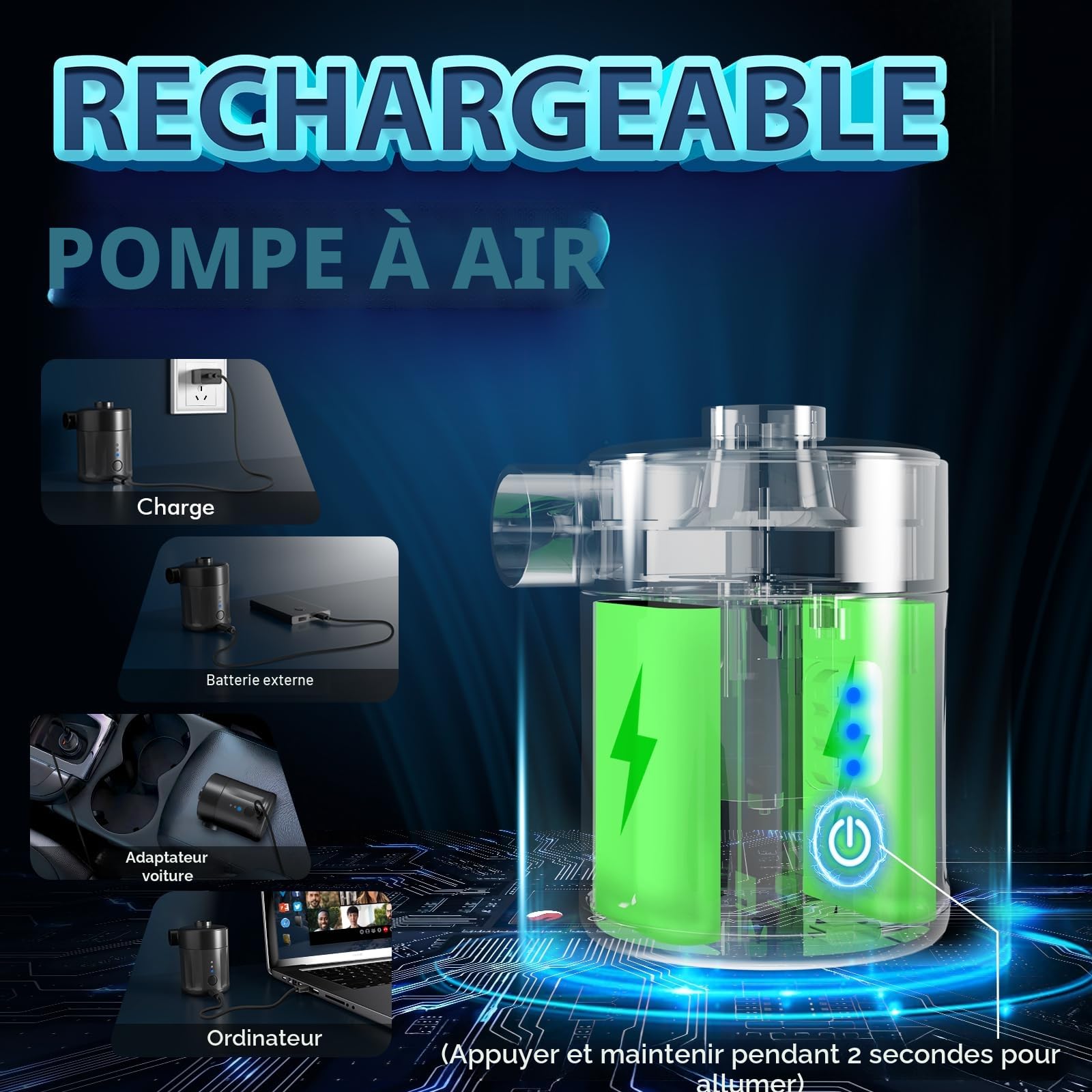 Mojimdo Pompe à Air Électrique Portable Rechargeable 2-en-1 avec 4 Embouts et Sac de Rangement pour Matelas Gonflable, Piscine