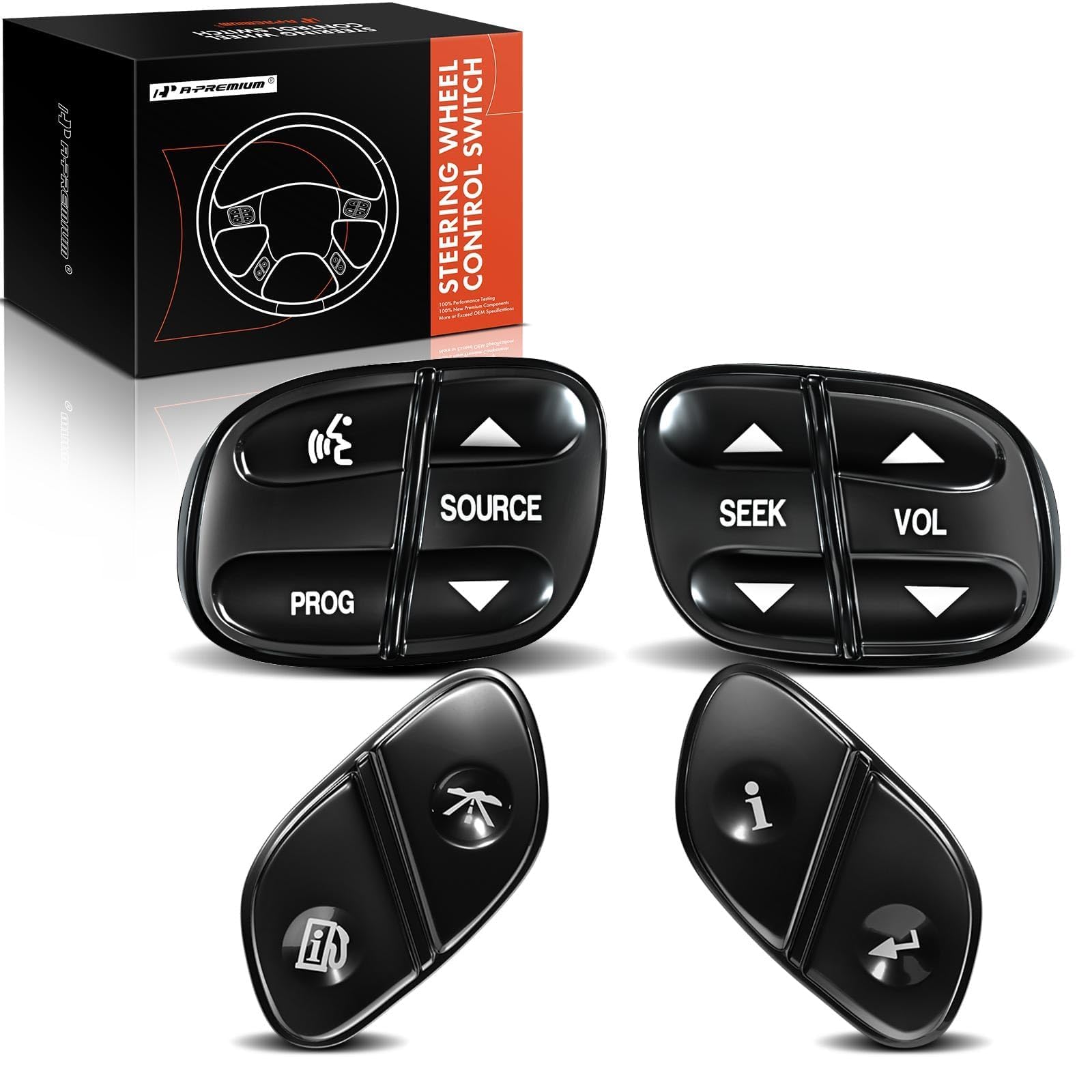 A-Premium 4-PC Steering Wheel Control Switch Button Compatible with Chevy, GMC, Cadillac & More - Silverado, Tahoe, Suburban, Sierra, Yukon, Envoy - # 21997738, 21997739, 1999442, 1999443