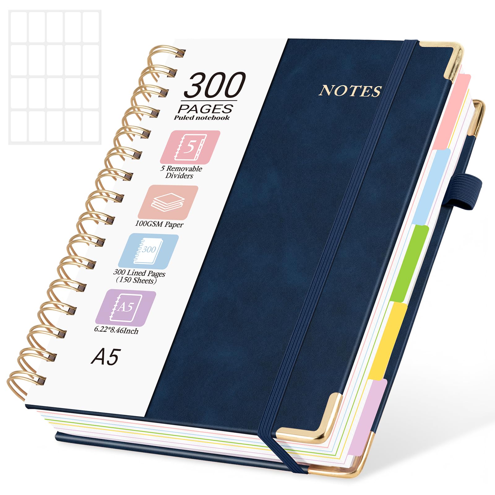 MOFELON A5 Notebook with Dividers, Notepad A5, 300 Pages Spiral Lined Notebooks,PU Leather HardCover Journals for Women,Note Book Pad for Office Work School, 21.5 x 15.8cm - Navy Blue — image 1