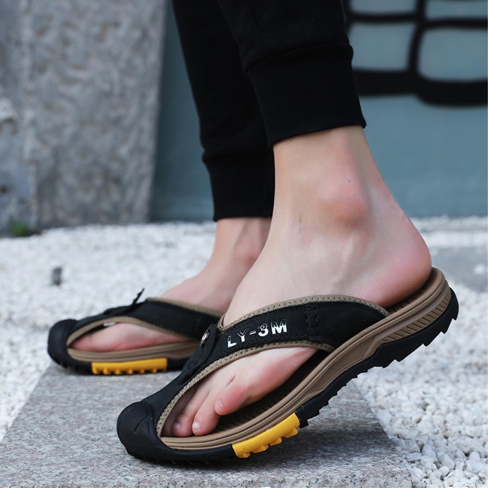 Chanclas De Playa Hombre Sandalias Cuero Tanga Los Hombres, Masaje Plano Goma Antideslizante para El Verano Al Aire Libre Caminando-38-black