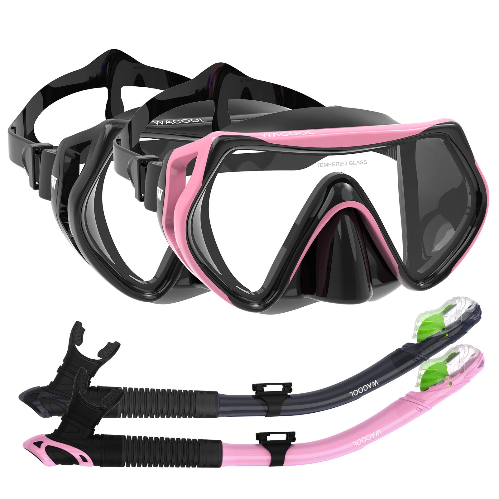 WACOOL Professional Snorkeling Snorkel Diving Scuba Package Set with Anti-Fog Coated Glass Purge Valve and Anti-Splash Silicon Mouth Piece for Men Women (Adults,Black+Pink)
