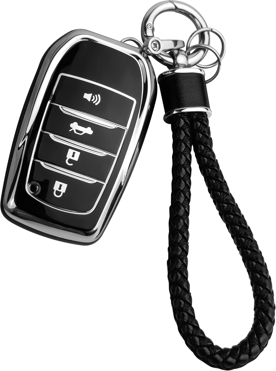 JOYEAR for Toyota Keychain with Key Fob Cover Compatible with 2025 Camry,2021-2024 Venza,Grand Highlander,Hilux,Fortuner, Land Cruiser,2022-2024 Tundra,Corolla Cross,Prius 4 Buttons (Silver-Black)