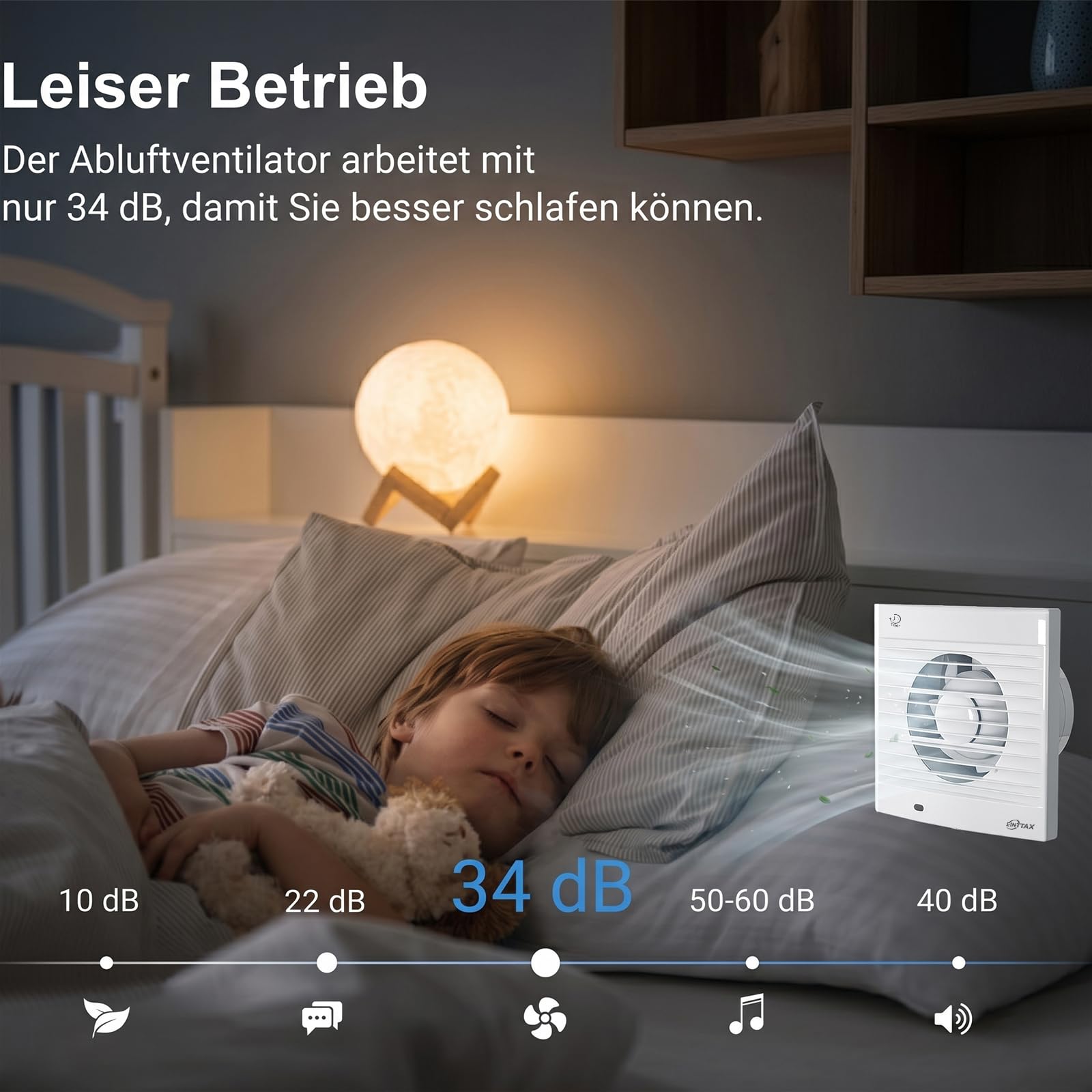 Badlüfter 100mm mit Nachlauf Abluftventilator Küche, 120m³/h IPX2 Wasserdicht Badlüfter mit Rückstauklappe,für Bad Küche Schlafzimmer Garage,Weiß