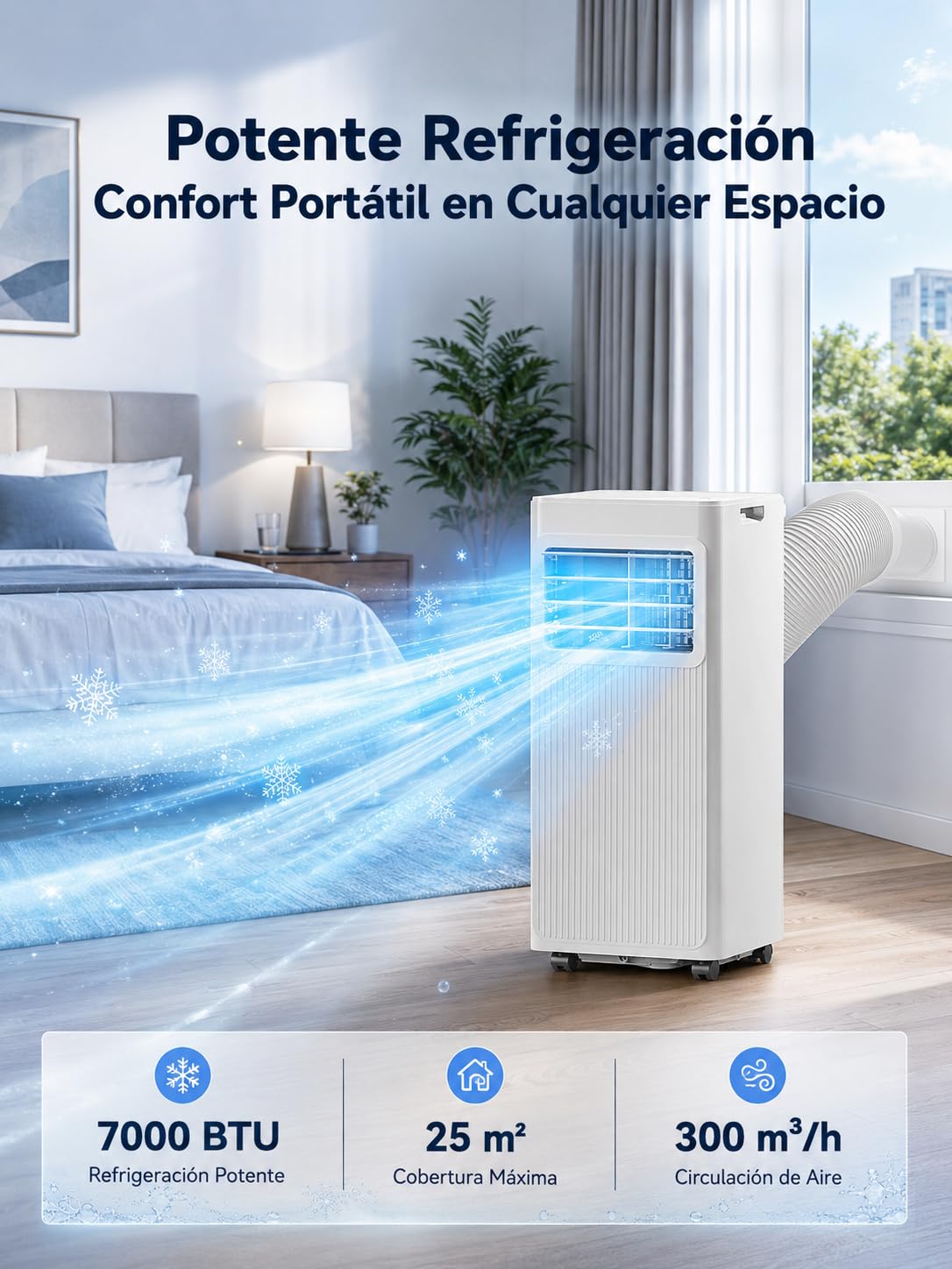 Aire Acondicionado Portátil 7000 BTU, Climatizador 4 en 1 (Frío, Ventilador, Deshumidificador 19L/D, Noche), Bajo Consumo, Silencioso, Temporizador 24H, Mando, Kit de Ventana Incluido, Blanco