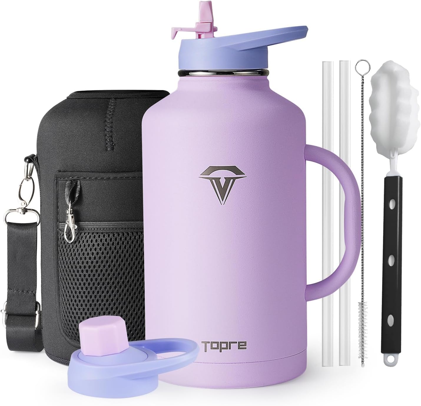 Topre 64 oz Water Bottle Insulated with Handle and Carry Pouch, Half Gallon Stainless Steel Water Bottles Mug with Straw Lid Spout Lid,Reusable Metal Tumbler Jug Flask Cup,Keep Cold & Hot,Purple