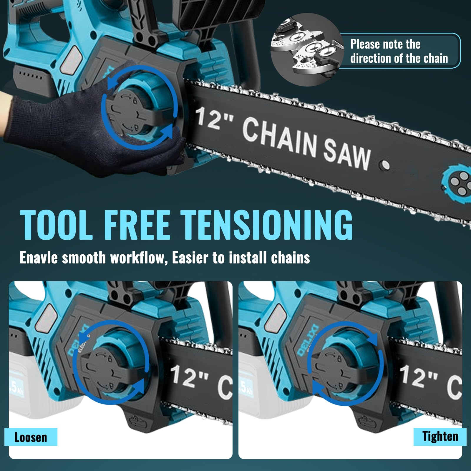 Akku-Kettensäge, 12 Zoll Elektrisch Kettensägen kompatibel mit Makita 18V | 1000W Bürstenloser Motor Akku Kettensäge, akkusäge Handkettensäge 30 cm, für Holzbearbeitung und Garten (ohne Akku)