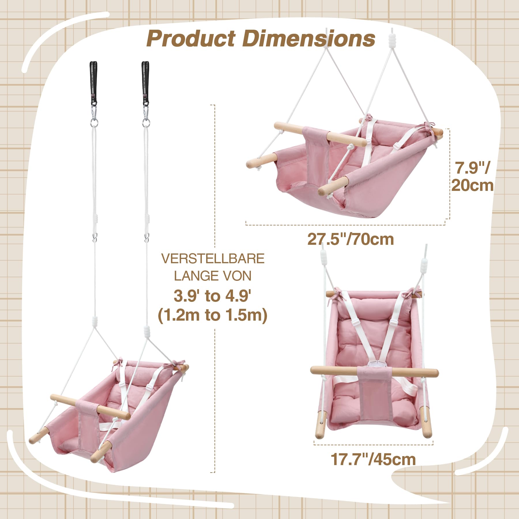 REDCAMP Columpio para bebés 3 en 1 a partir de 6 meses con cinturón de 5 puntos, silla colgante de algodón transpirable y madera para interior/exterior, columpio infantil de hasta 50 kg, para casa y