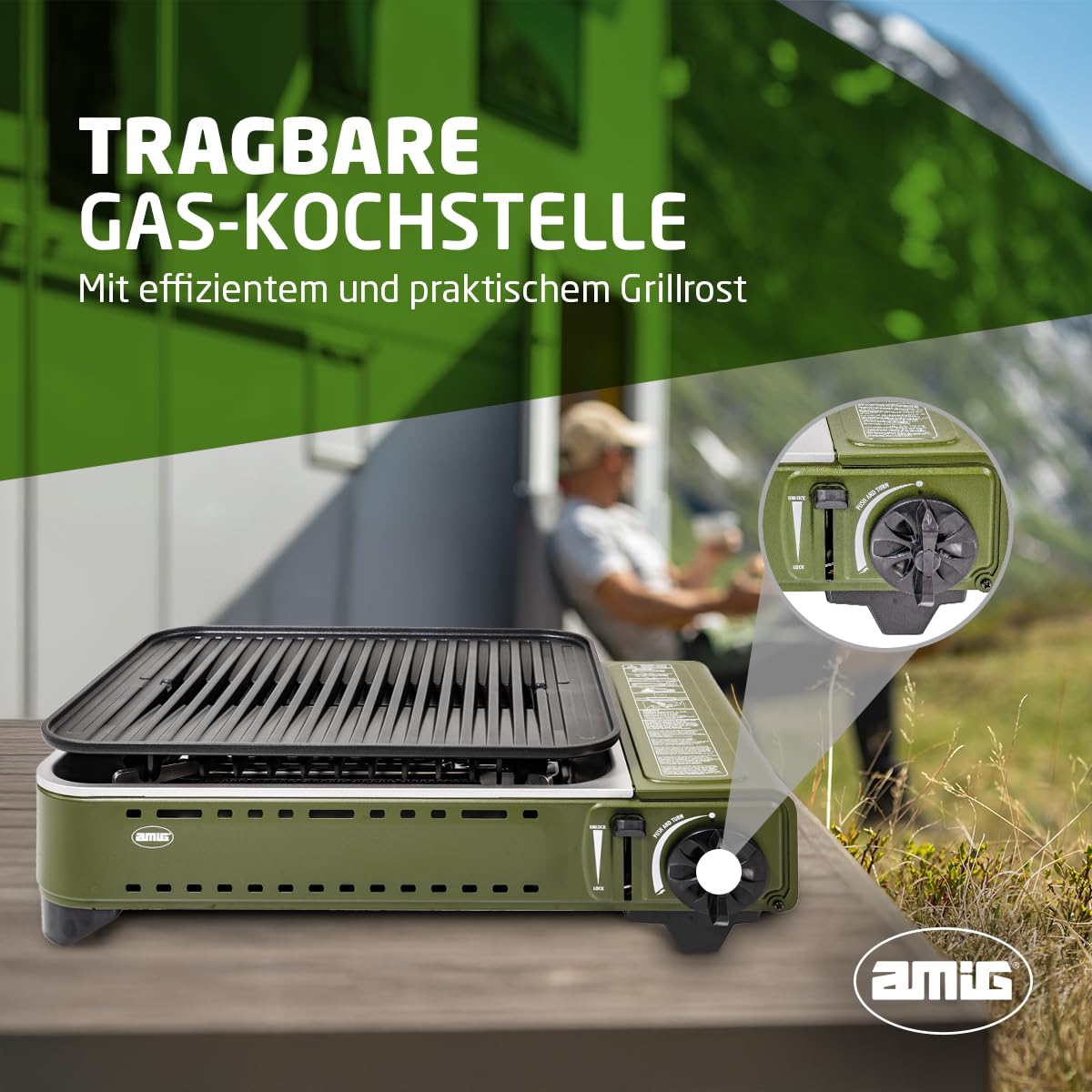 Amig - Camping Gas BBQ01, Tragbare Küche, Grillkocher - Aluminiumguss Grillplatte, Mit Edelstahl-Fettauffangschale, 1,8 kW Leistung, Kompatibel mit B-250 Kartuschen