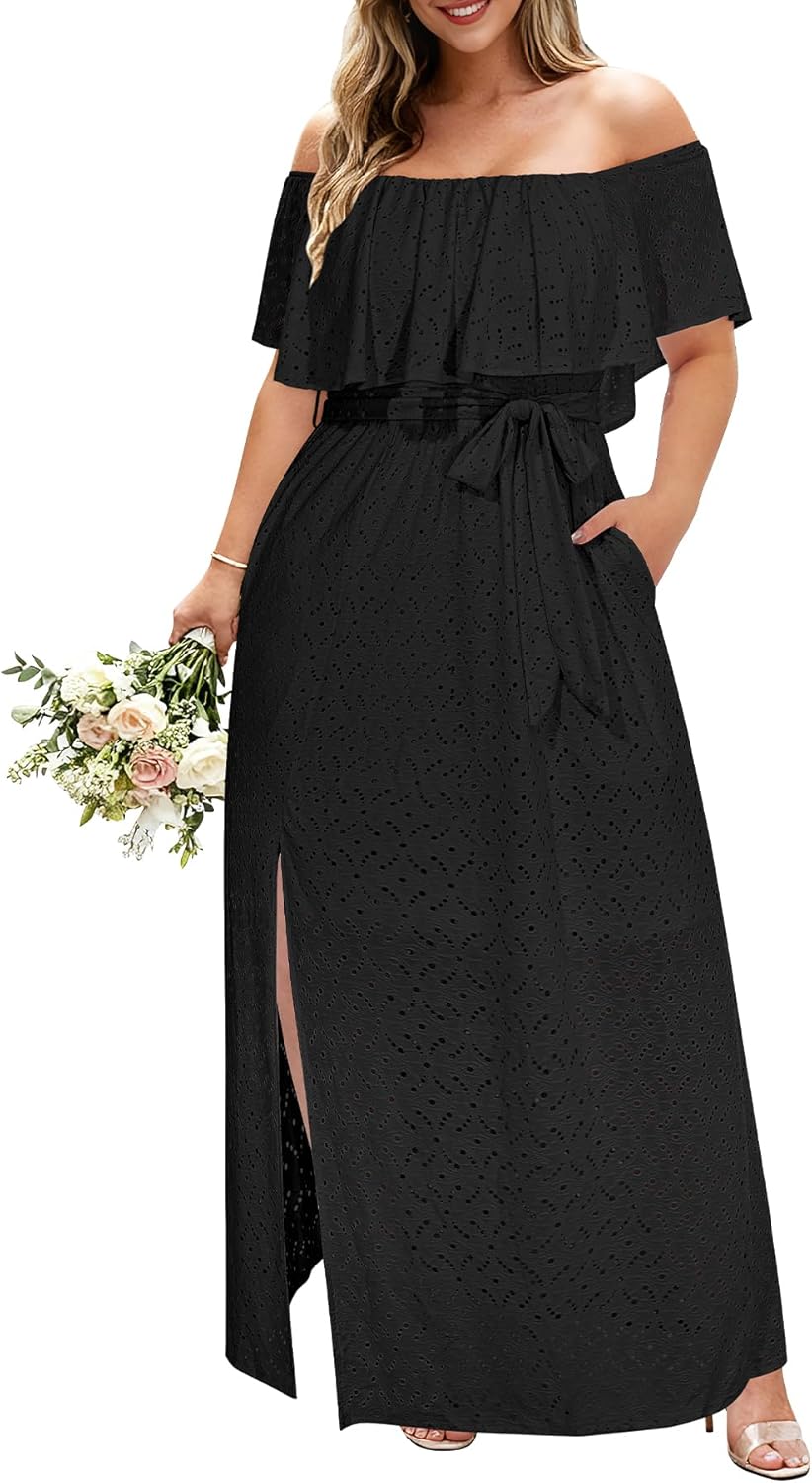 Pinup Fashion Women Plus Size Summer Dresses - Off The Shoulder Wedding Guest Eyelet Casual Maxi Dress Pockets - Image 5