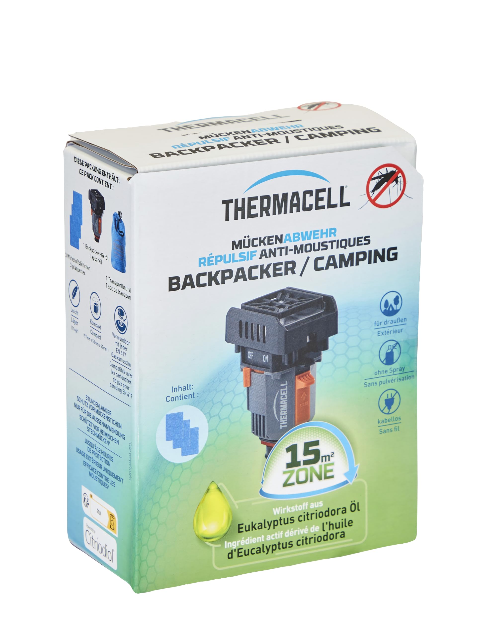 Thermacell Backpacker Mückenabwehr Starter Set - Outdoor Insektenschutz mit Citrodiol aus Zitroneneukalyptusöl - 15 m² Schutzzone - Ultraleicht 114 g - Inkl. 3 Wirkstoffplättchen für 12h