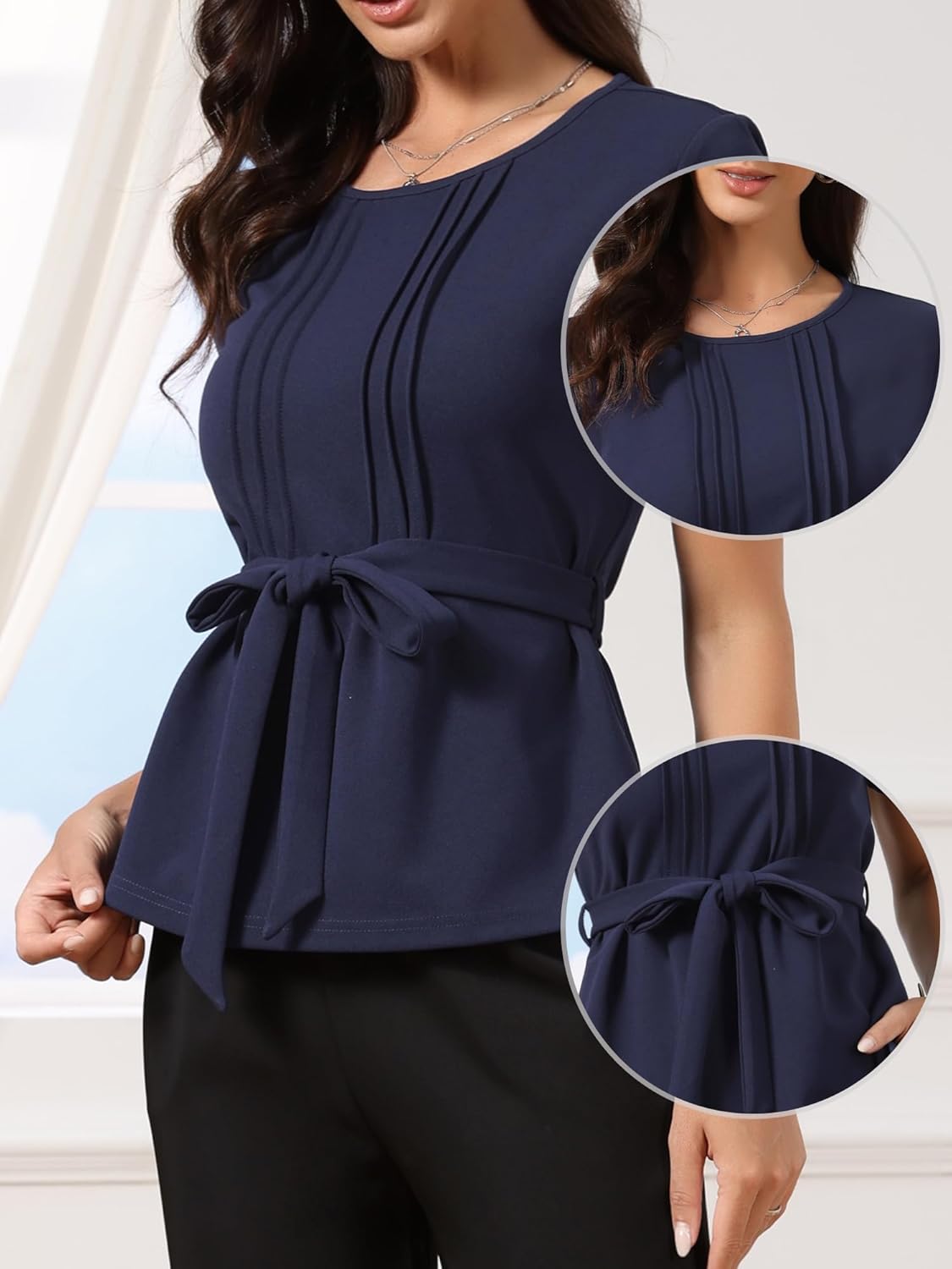 Allegra K Dressy Casual Peplum Tops for Women Summer Pleated Crew Neck Belted Short Sleeve Work Blouse - Image 4