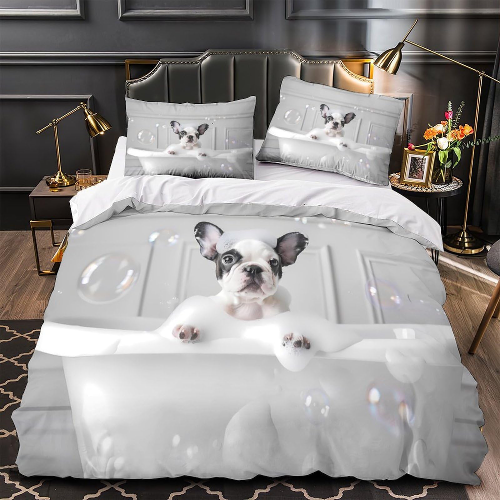 Parure de lit microfibre hypoallergénique effet 3D bouledogue