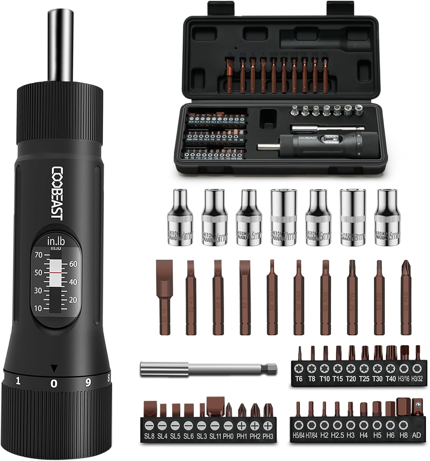 49 Pcs Torque Screwdriver 10-70 Inch Pound Torque Screwdriver Set with S2 Bits & Sockets, 1/4” Drive Torque Wrench Screwdriver Set for Maintenance, Tools, Bike Repairing and Mounting