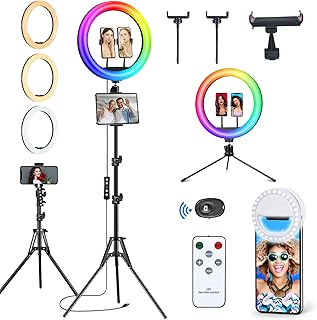 𝗡𝗲𝘄𝗲𝘀𝘁 13" Selfie Ring Light with 63" Stand and 3 Phone Holder, 53 Lighting Modes, iPad Holder, Remote, Desk Tripod, RGB Ringlight for iPhone. Vlogging Circle Led Halo Light Photo Video Kit