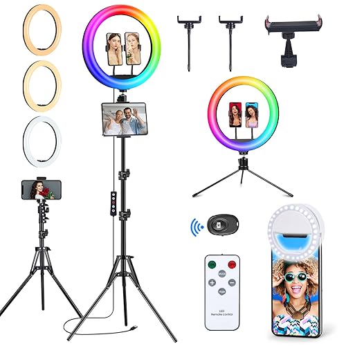 𝗡𝗲𝘄𝗲𝘀𝘁 13" Selfie Ring Light with 63" Stand and 3 Phone Holder, 53 Lighting Modes, iPad Holder, Remote, Desk Tripod, RGB Ringlight for iPhone. Vlogging Circle Led Halo Light Photo Video Kit - 13 Inch