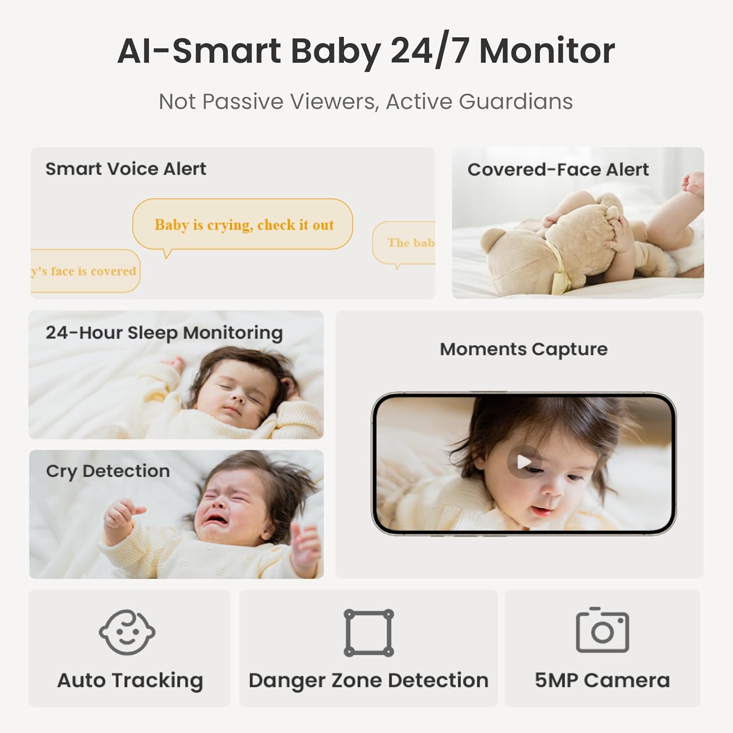 Monai Baby Monitor with Camera and Audio, 3K UHD, 6X Zoom, WiFi Video Monitor for Room or Travel, Pan 350° Tilt 65°, AI Cry Detection, Virtual Fence, Face-Cover Alerts, Sleep Monitoring, Night Vision