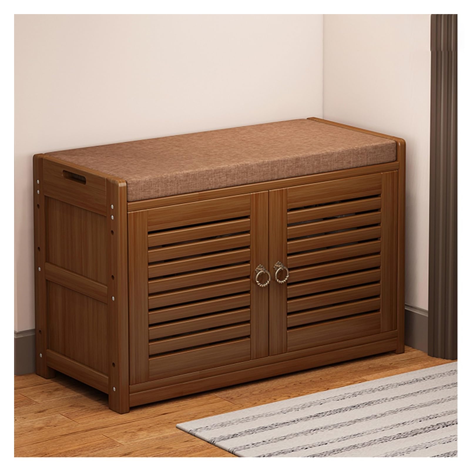 MYUYEE Shoe Bench Entryway- Shoe Rack Storage Bench - Bamboo Shoe Orga With Cushioned Seat, Upholstered Bench For Closet, Entryway, Hallway, Bedroom(70 * 33 * 46Cm)