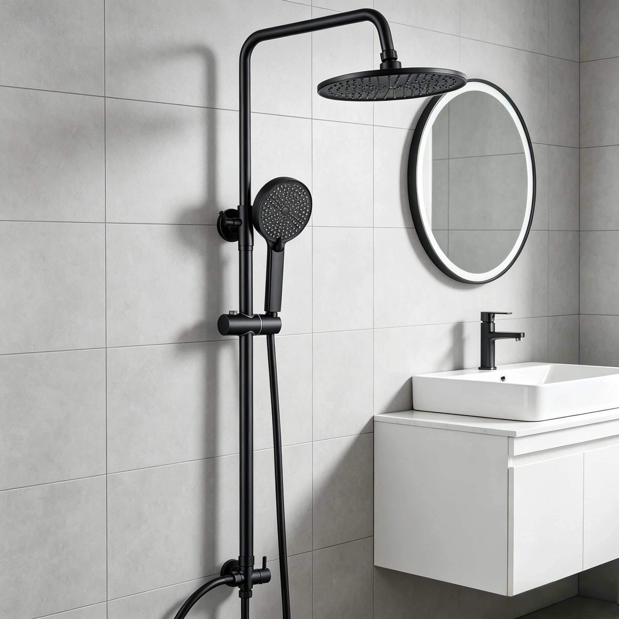 Auralum Regendusche Komplettset ohne Armatur, Edelstahl Duschsystem Set mit Messing-Wasserteiler, Ø250mm Überkopfbrause, Duschgarnitur mit Regendusche, Schwarz, ohne Duscharmatur