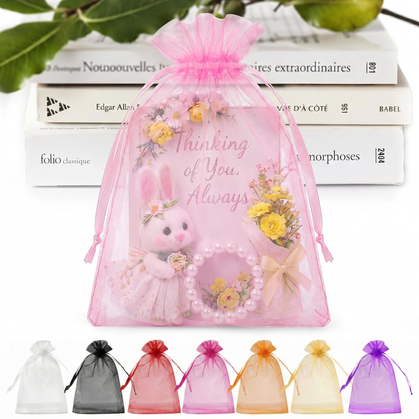 ANZNKU 100 PCS Organza Bags 5 x 7, Pink Small Mesh Gift Bags Drawstring