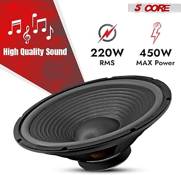 5 CORE Car Subwoofer Pair 15 450W Loud Vehicle Component Audio Speaker 4 Ohm Impedance 40 Oz Y30 Magnet Deep Bass Response 2 Copper Voice Coil WF 15 140 4OHM 2PCS