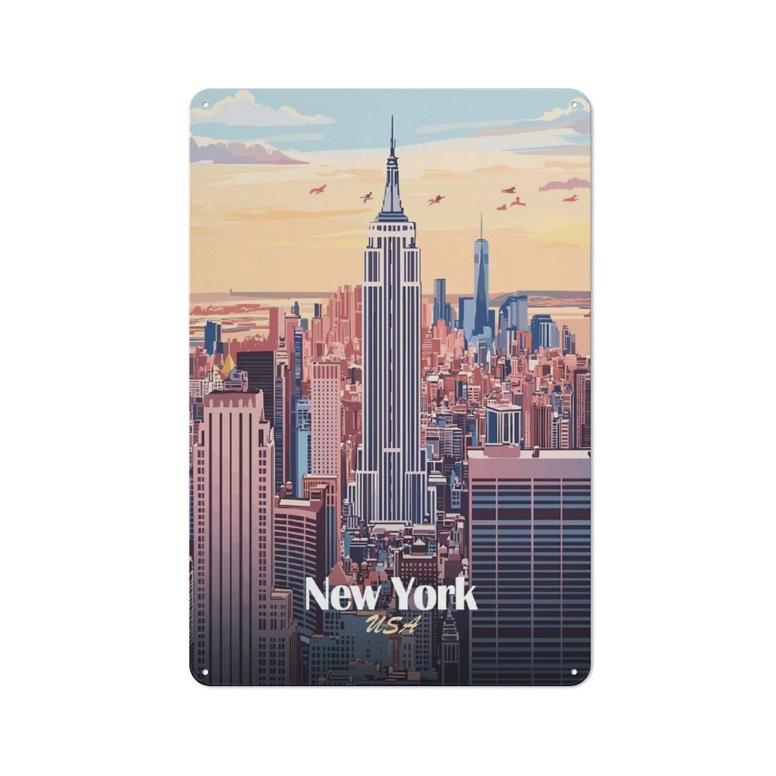 Junmoney Style-22 For Hallway Wall, New York City Skyline Illustration(2) Vintage-Inspired Metal Sign 30X20cm, A Moving-Home Gift For Collectors Of Tin Signs
