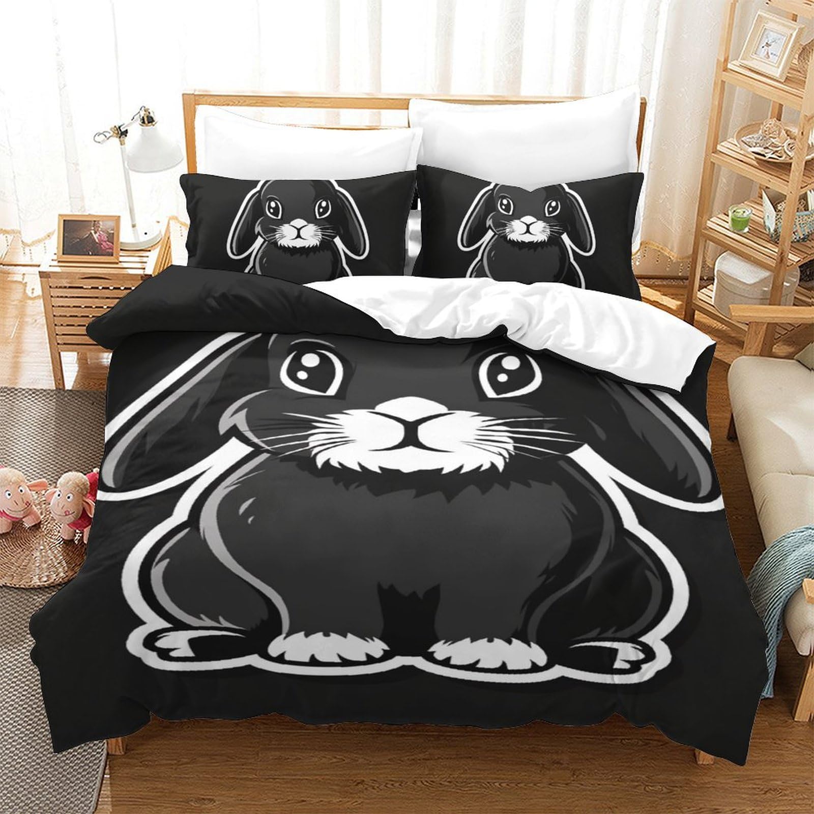 Housse de couette lapin 3D 140x200cm parure de lit moderne 3 pièces