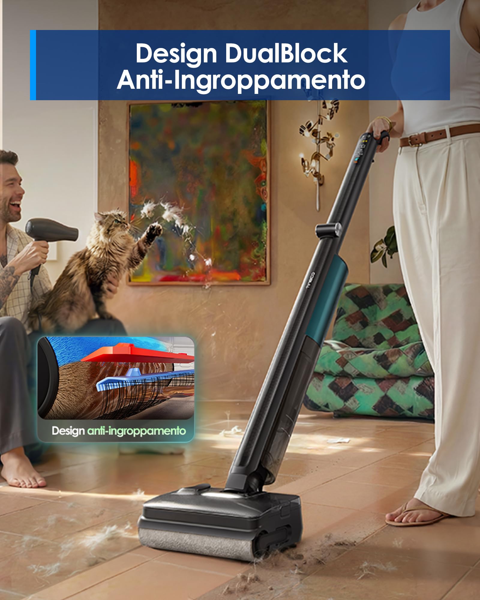 Tineco Floor One i7 Fold Lavapavimenti aspirapolvere senza fili, 22.000Pa, Anti-Groviglio DualBlock, Tubo 180°, FlashDry 85℃, 45 dB Silenzioso, 50min, Pulizia Bordi
