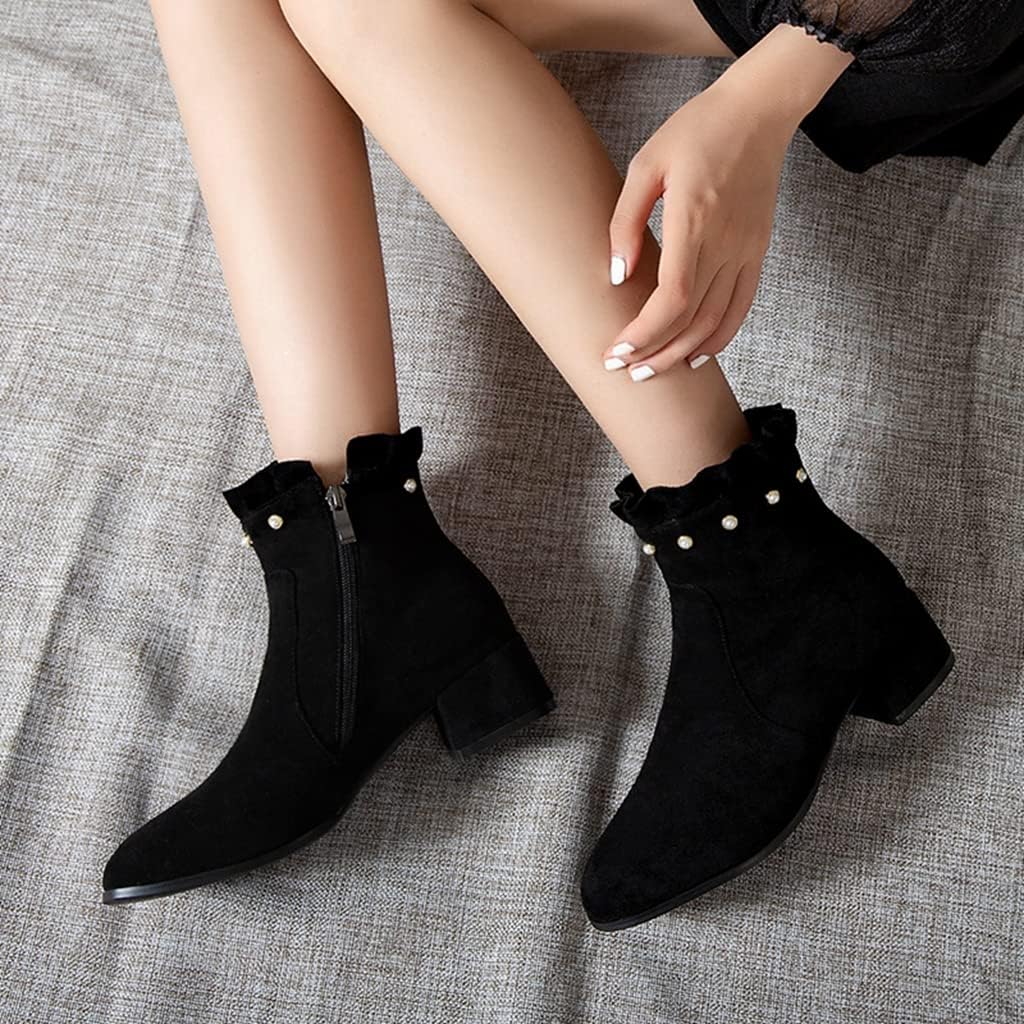 Women's Round Toe Pearls Dressy Ankle Boots Suede Side Zipper Block Low Heels Dress Short Booties